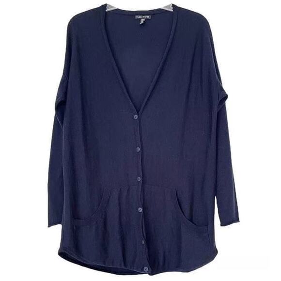 Eileen Fisher 100% Merino Wool Navy Blue Cardigan with Pockets Size XL - Picture 1 of 6